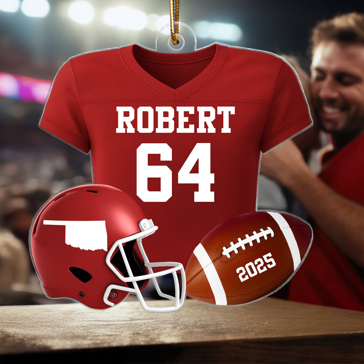 3D Effect Proud American Football Uniform With State Map - Personalized Acrylic Ornament - Gift For Football Lovers