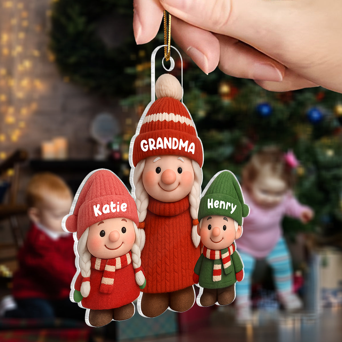 3D Effect Cute Gnome Grandma And Grandkids - Personalized Acrylic Ornament