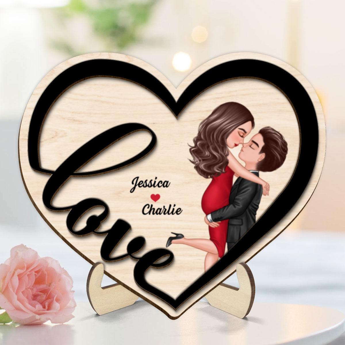 Couple Love Heart Hugging Kissing Personalized 2-layer Wooden Plaque
