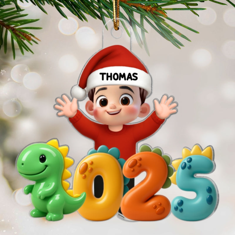 3D Effect Happy Kid With Dinosaur Numbers - Personalized Acrylic Ornament - Christmas Gift For Kids, Grandkids, Granddaughter, Grandson