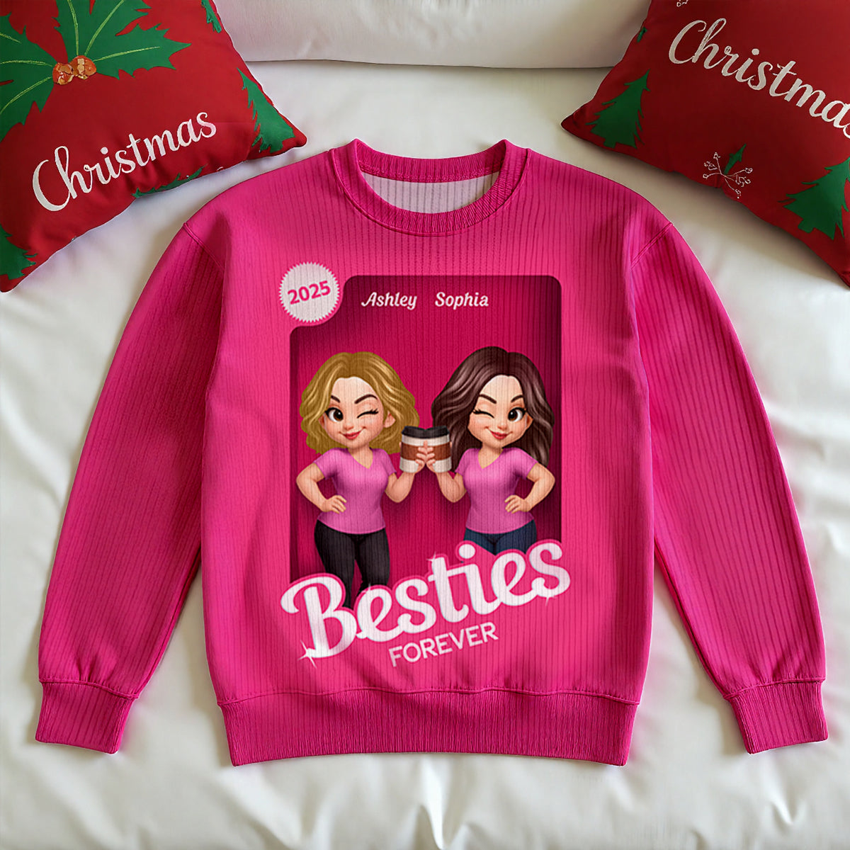 Pink Tone Besties Custom Figure Box Effect - Personalized Ugly Sweater - Christmas Matching Shirts, Group Shirts, Exchange Gift For Best Friends
