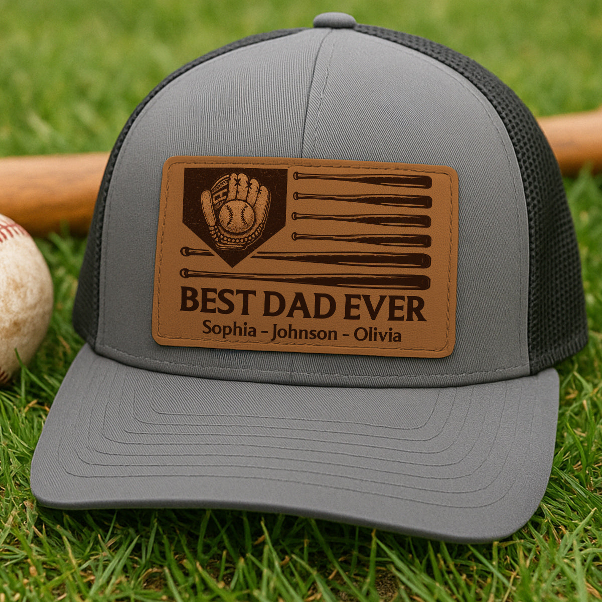 Dad's Home Run Best Dad Ever Baseball Themed Personalized Leather Patch Hat