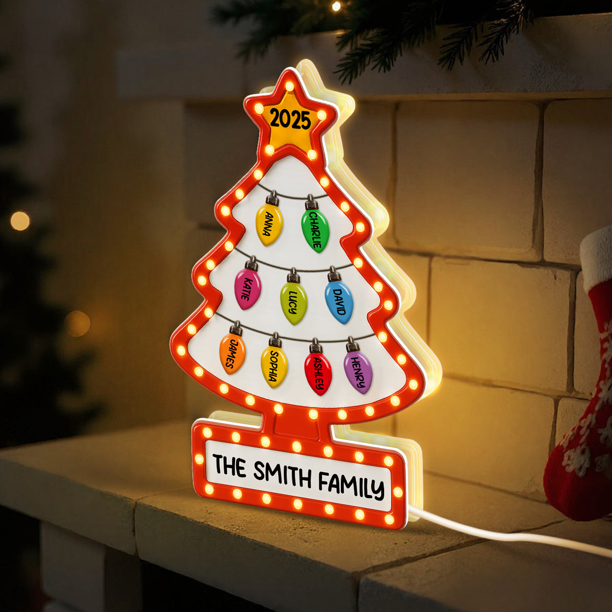 3D Effect Christmas Tree Lights Marquee Texture Family Members Names Personalized LED Light Box
