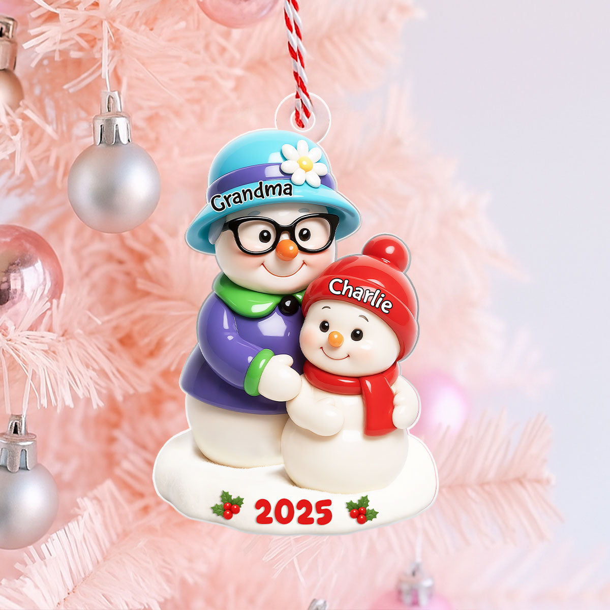 Snowman Grandma Hugging Grandkids 3D Effect Personalized Acrylic Ornament, Christmas Gift for Granddaughter, Grandson, Grandma