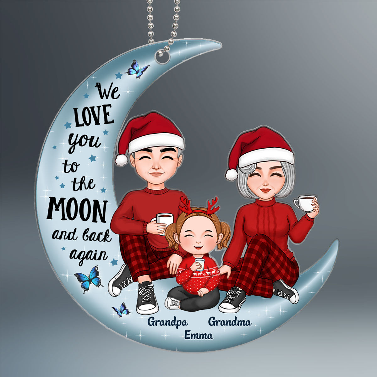 Cute Grandma Grandpa Grandparents & Grandkid On Moon Personalized Acrylic Ornament