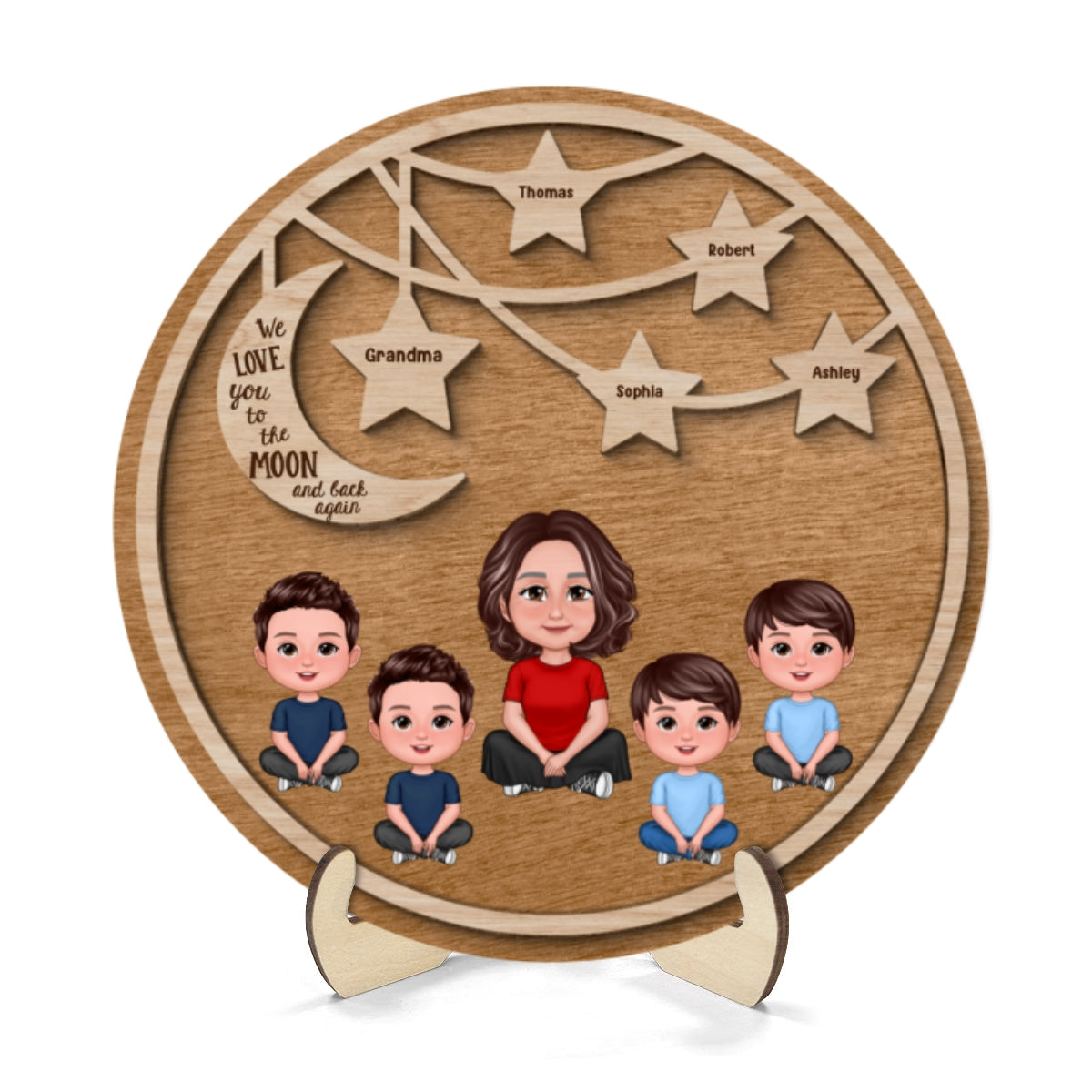 Grandma Grandkids Crossed Legs Moon And Stars Personalized 2-layer Wooden Plaque