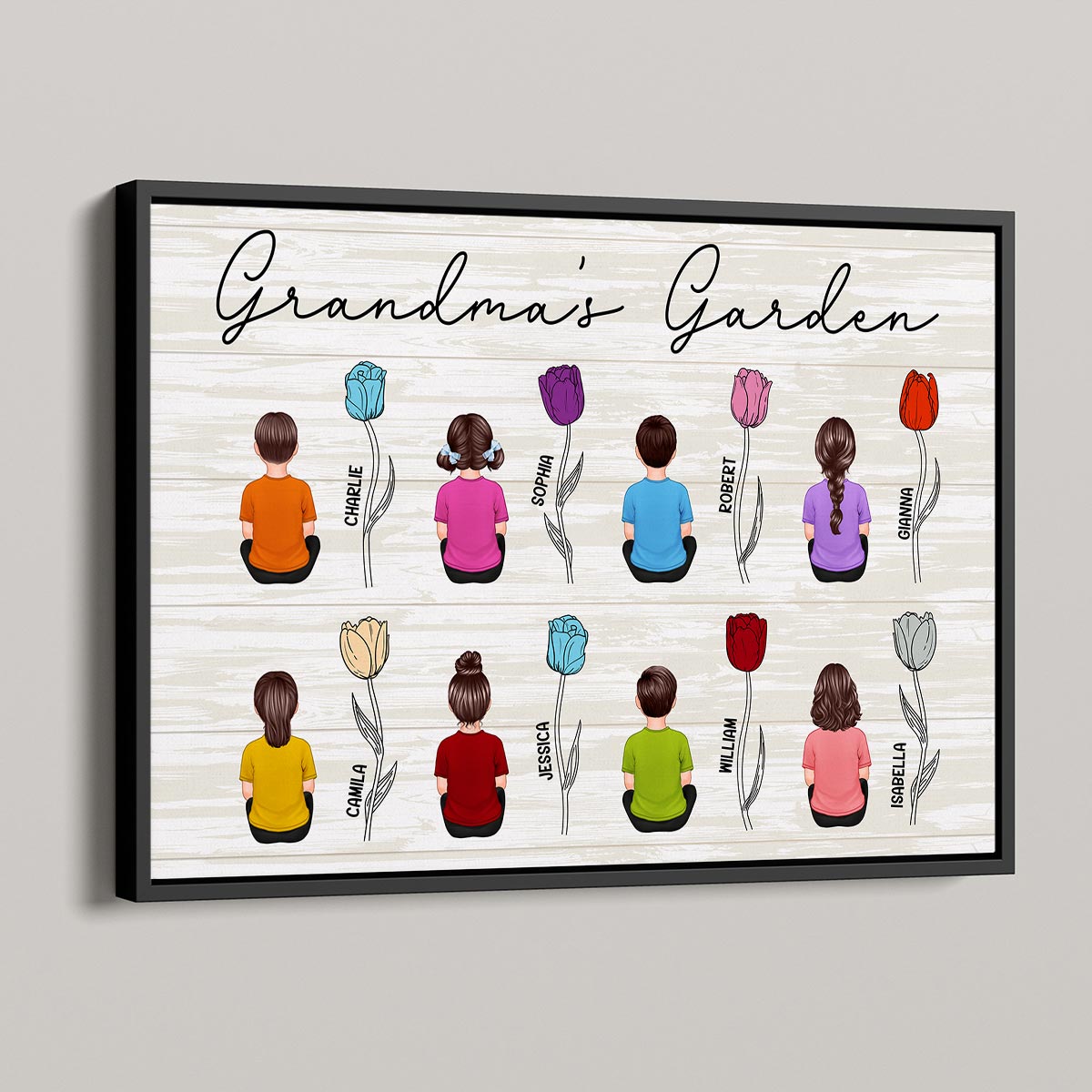 Grandkids Sitting Grandma Garden Tulip Flowers Personalized Horizontal Poster