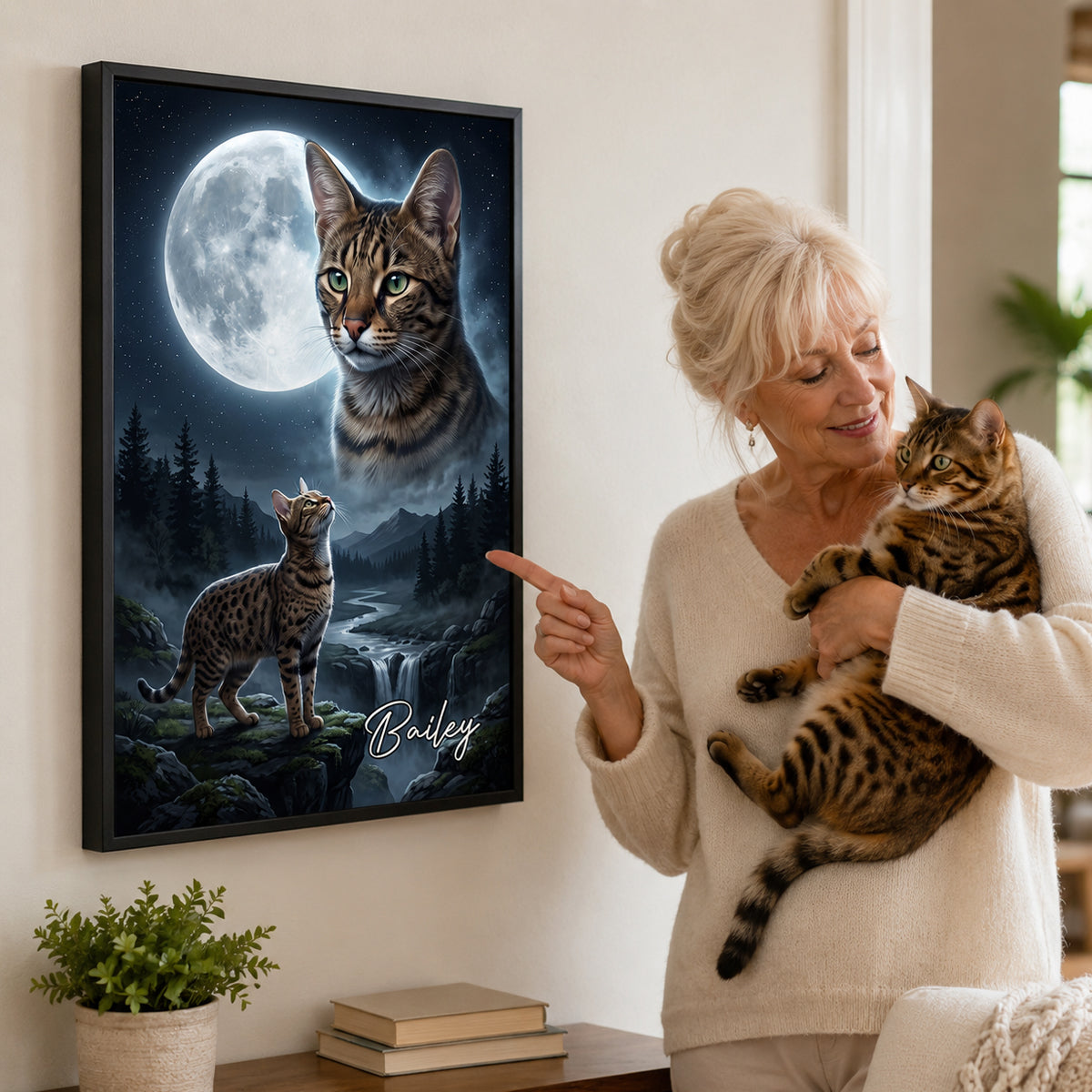 Cat Howling to the Moon Custom Pet Photo - Personalized Poster - Halloween Gift for Cat Lovers