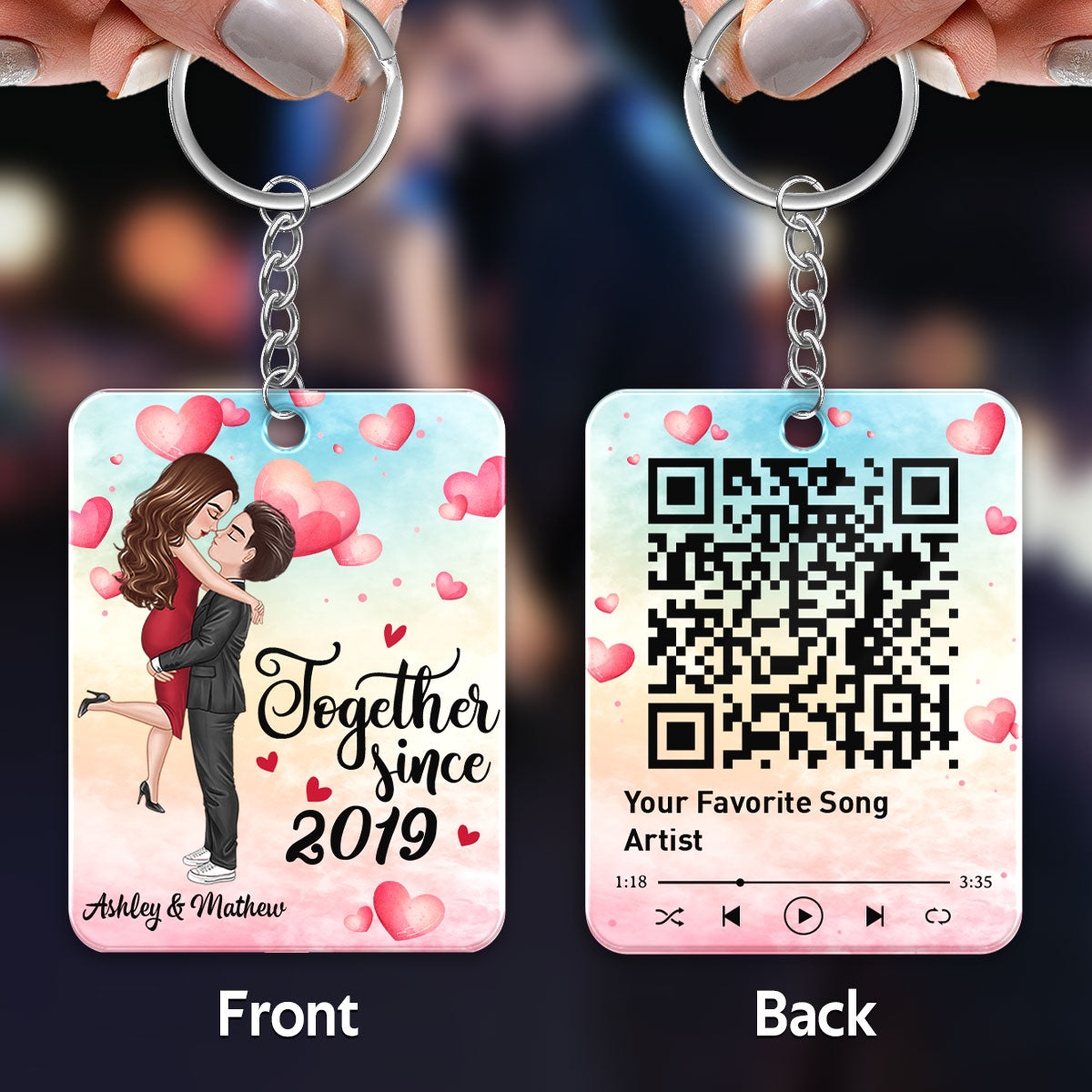 Watercolor Hearts Doll Couple Hugging Kissing Favorite Song Scannable QR Code Personalized Acrylic Keychain