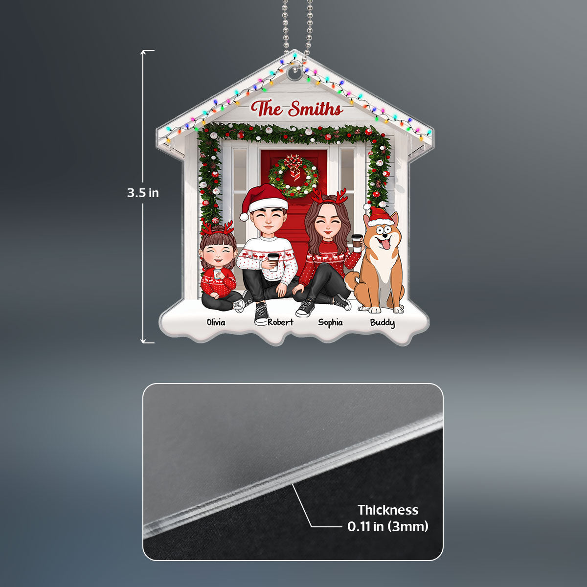 Cute Family Sitting Christmas Front Porch House Shaped Personalized Acrylic Ornament