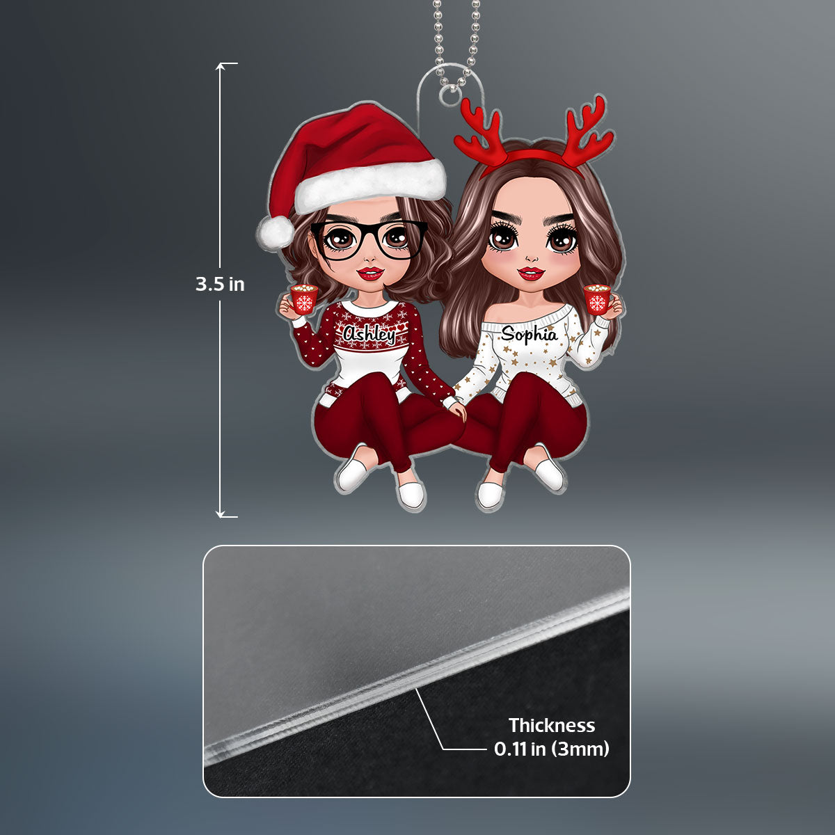 Red Clothes Doll Mom Daughter Sitting Christmas Gift Personalized Acrylic Ornament