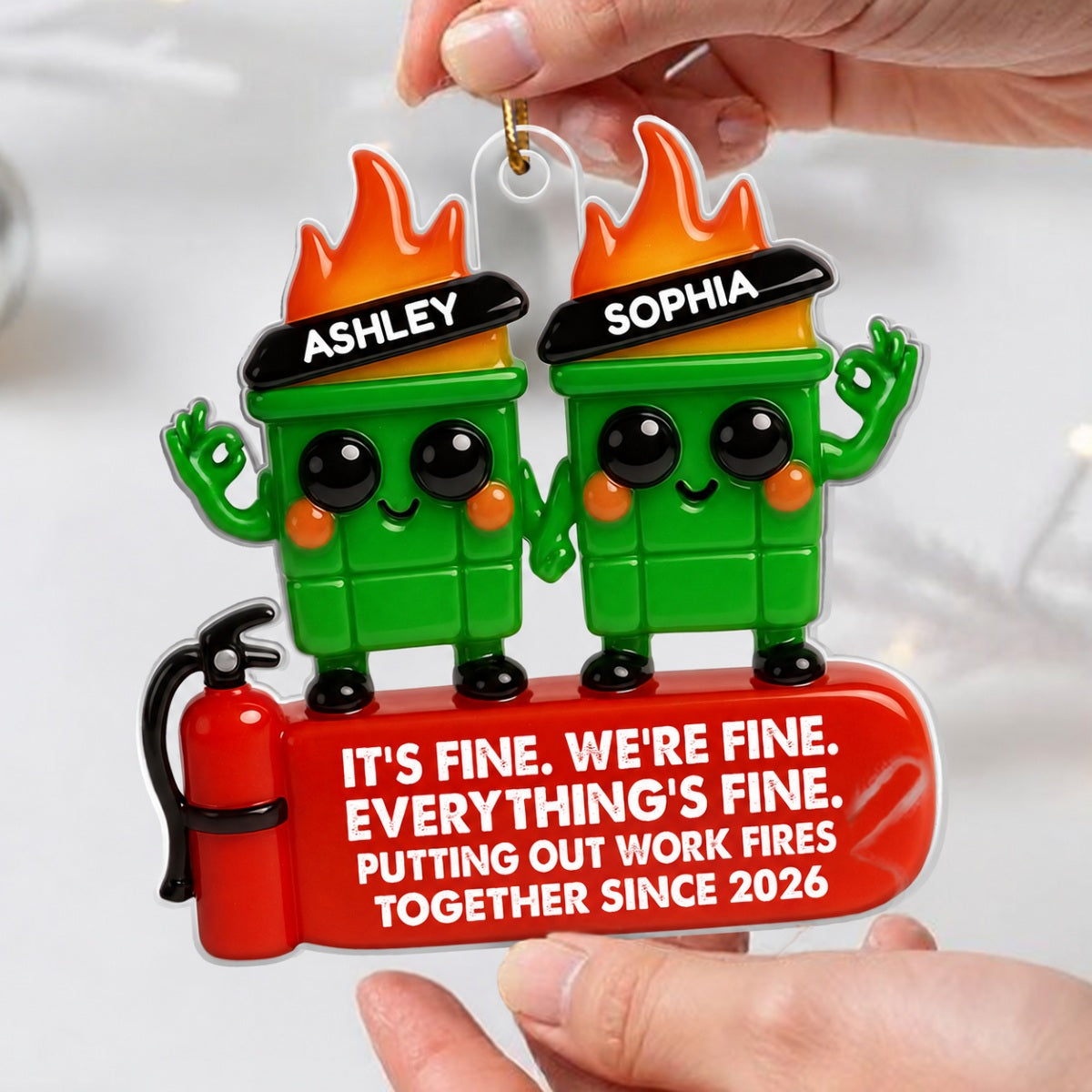 Colleagues Putting Out Work Fire Together 3D Effect - Personalized Acrylic Ornament - Funny Humor Christmas Gift for Coworkers, Colleagues