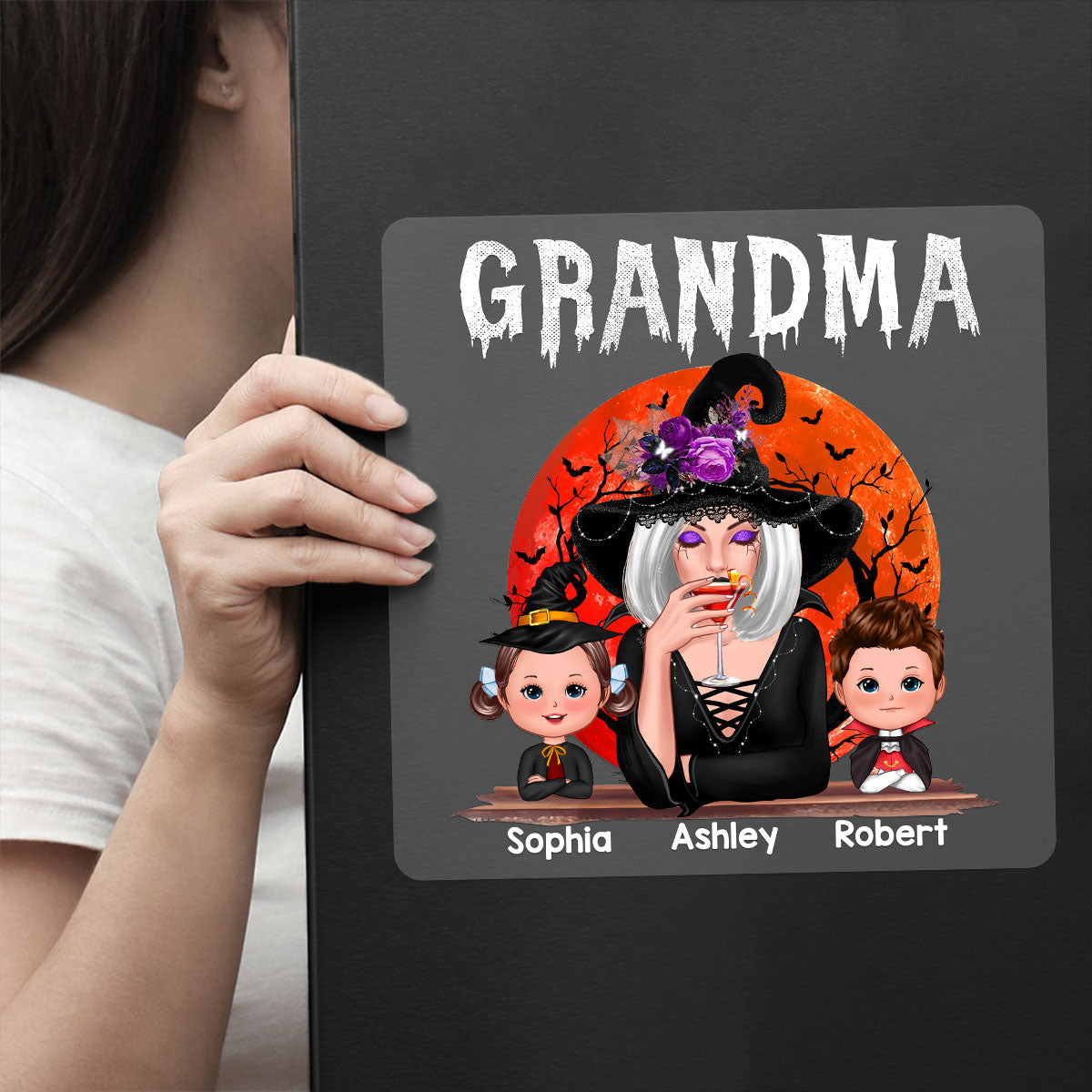 Halloween Moon Grandma Mom Witch With GrandKids Personalized Decal, Halloween Decoration
