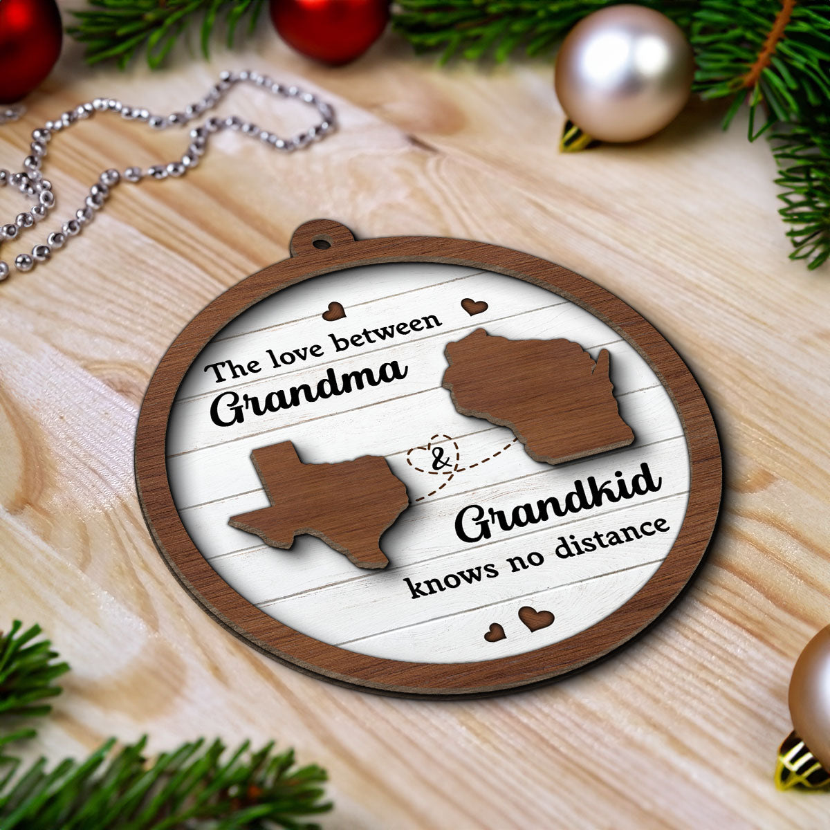 Grandkids Long Distance State Map Personalized 2-Layer Wooden Ornament, Christmas Gift For Grandma