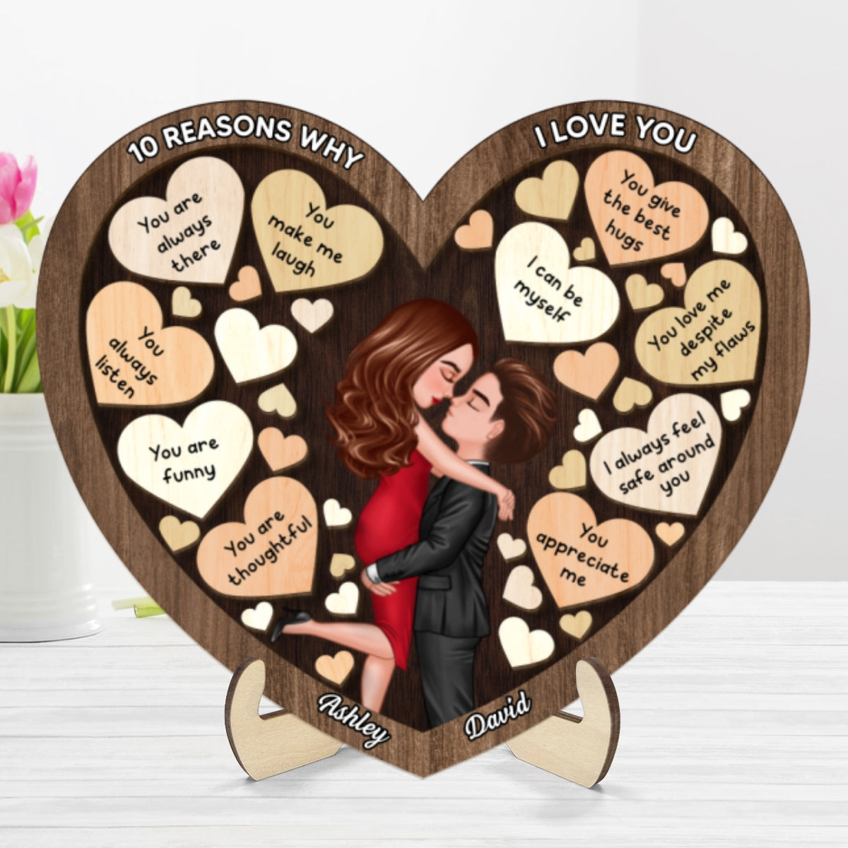Couple Kissing In Heart Reasons I Love You Personalized 2-layer Wooden Plaque,  Gift For Him, Gift For Her