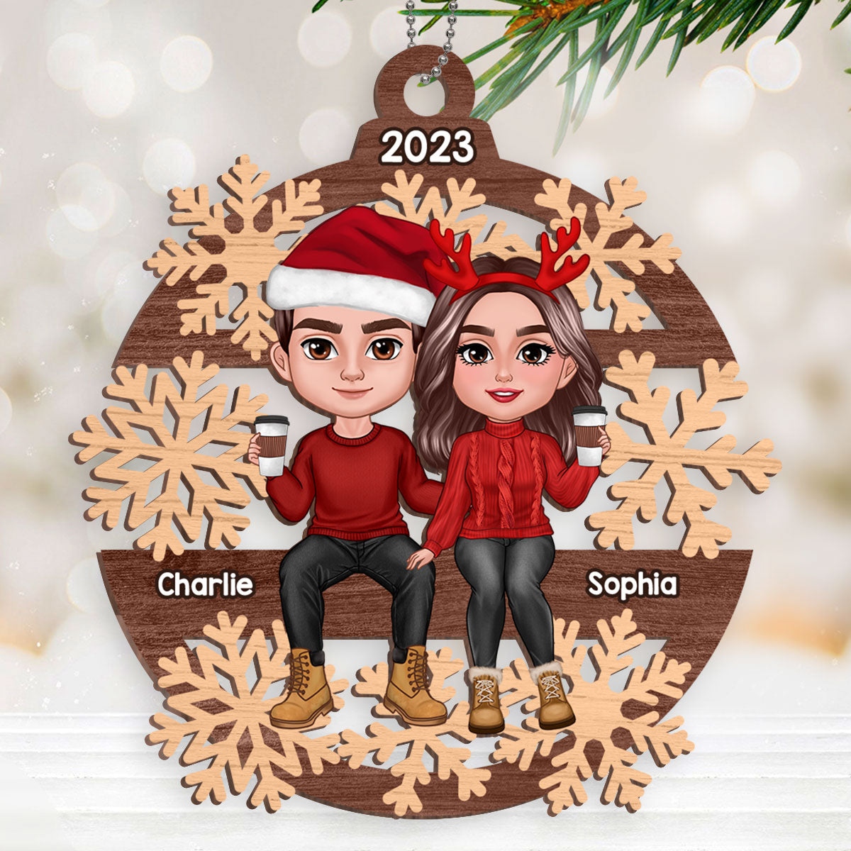 Snow Flake Christmas Couple Sitting Personalized Wooden Ornament