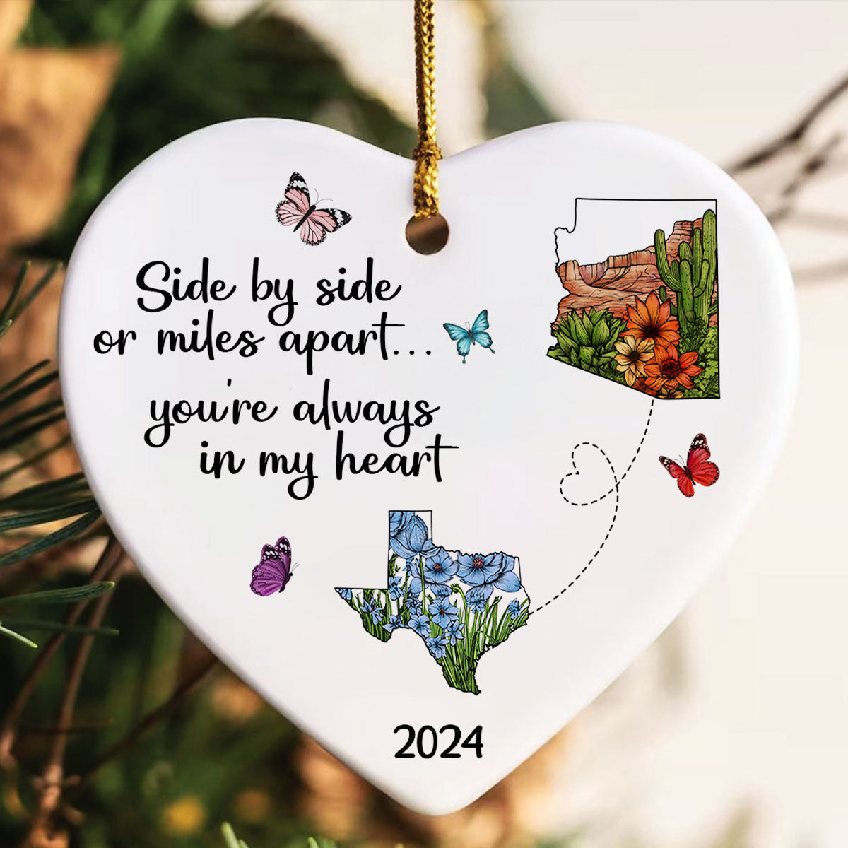 Miles Apart Long Distance Friendship Family Watercolor Wildflower State Map Personalized Ceramic Heart Ornament, Togetherness Keepsake