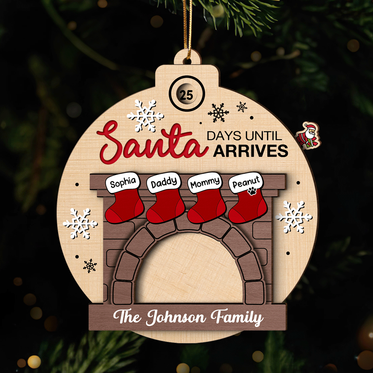 Days Till Santa Arrives Family Christmas Stockings Fireplace Personalized Countdown Ornament