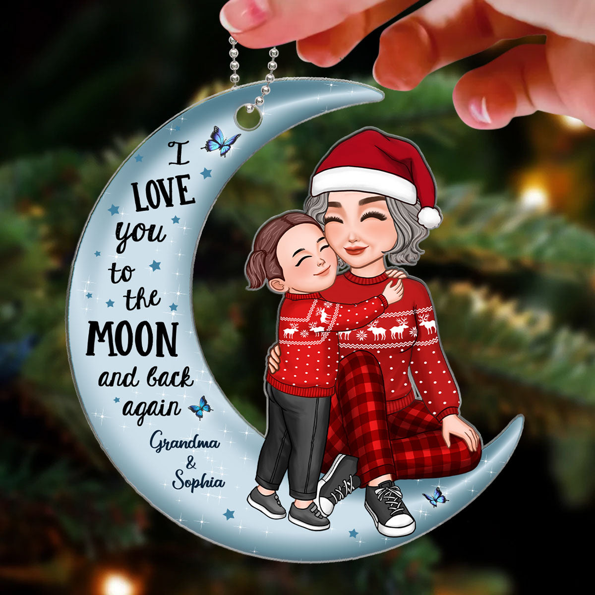 Cute Grandkid Hugging Sitting Grandma On Moon Personalized Acrylic Ornament