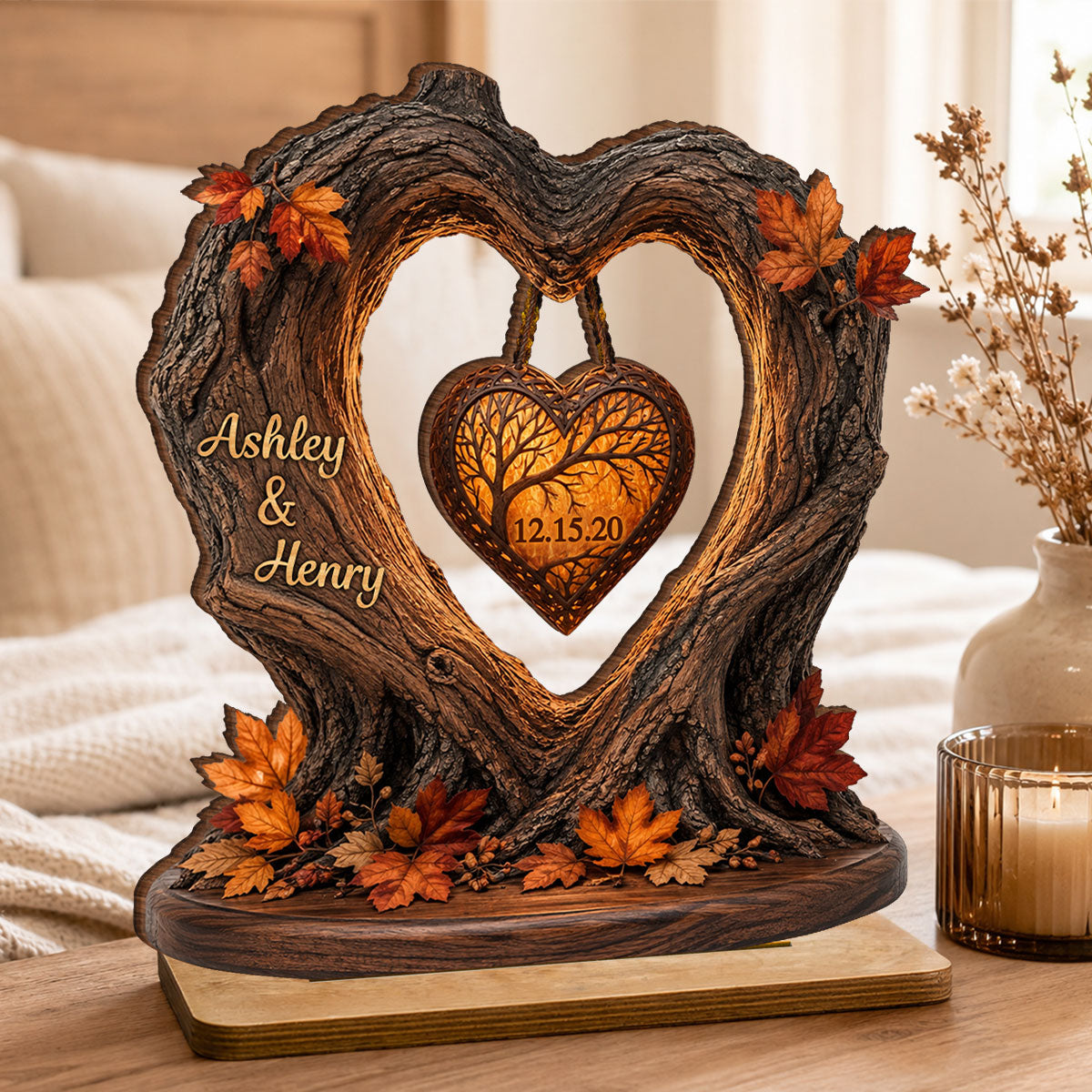 Couple Fall Season Heart Tree - Personalized 2-Layered Wooden Plaque - Anniversary Gift for Her, for Him
