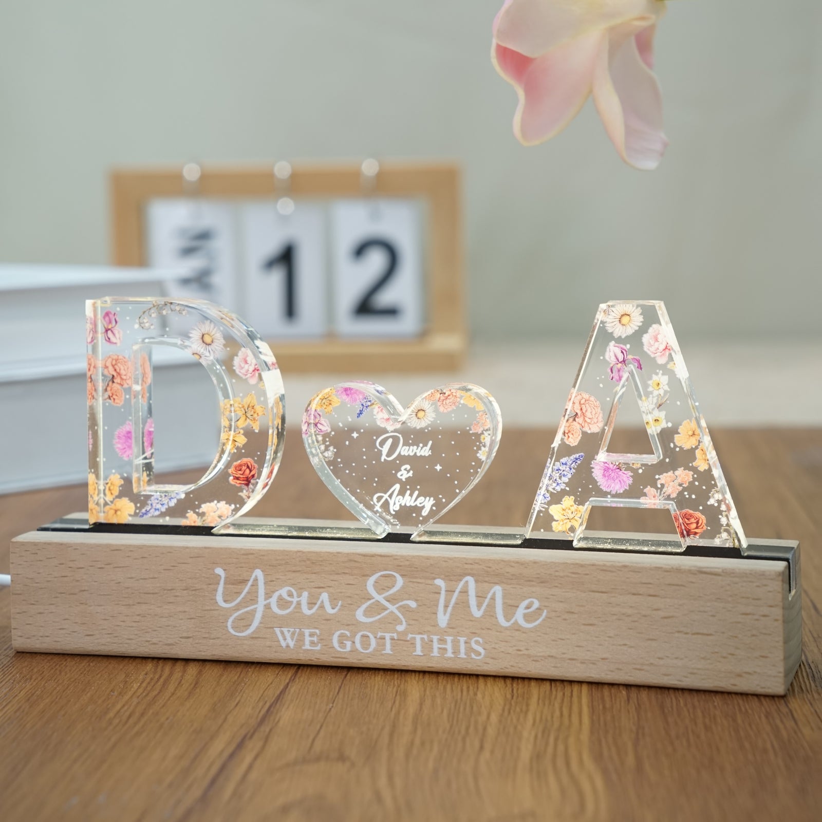 Couple Initials Floral Theme - Personalized Acrylic Block Plaque LED Night Light - Gift For Her, Gift For Him
