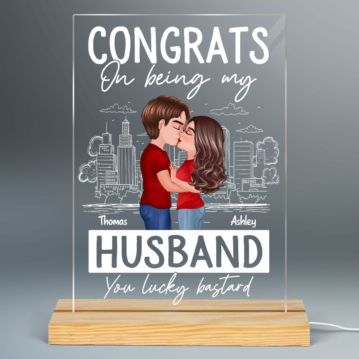 Doll Couple Kissing Congrats On Being Outline Sketch Background Personalized Rectagle Acrylic LED Night Light