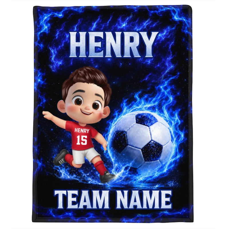 Cute Kid Soccer Player Custom Name And Team Name - Personalized Fleece Blanket - Christmas Gift For American Football Players, Grandson, Son, Daughter, Granddaughter
