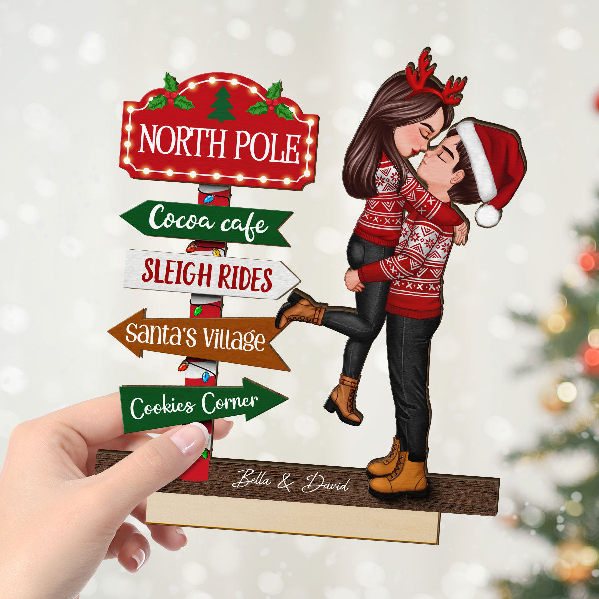 Couple Hugging North Pole Sign Christmas Decor Personalized 2-Layer Standing Wooden Plaque
