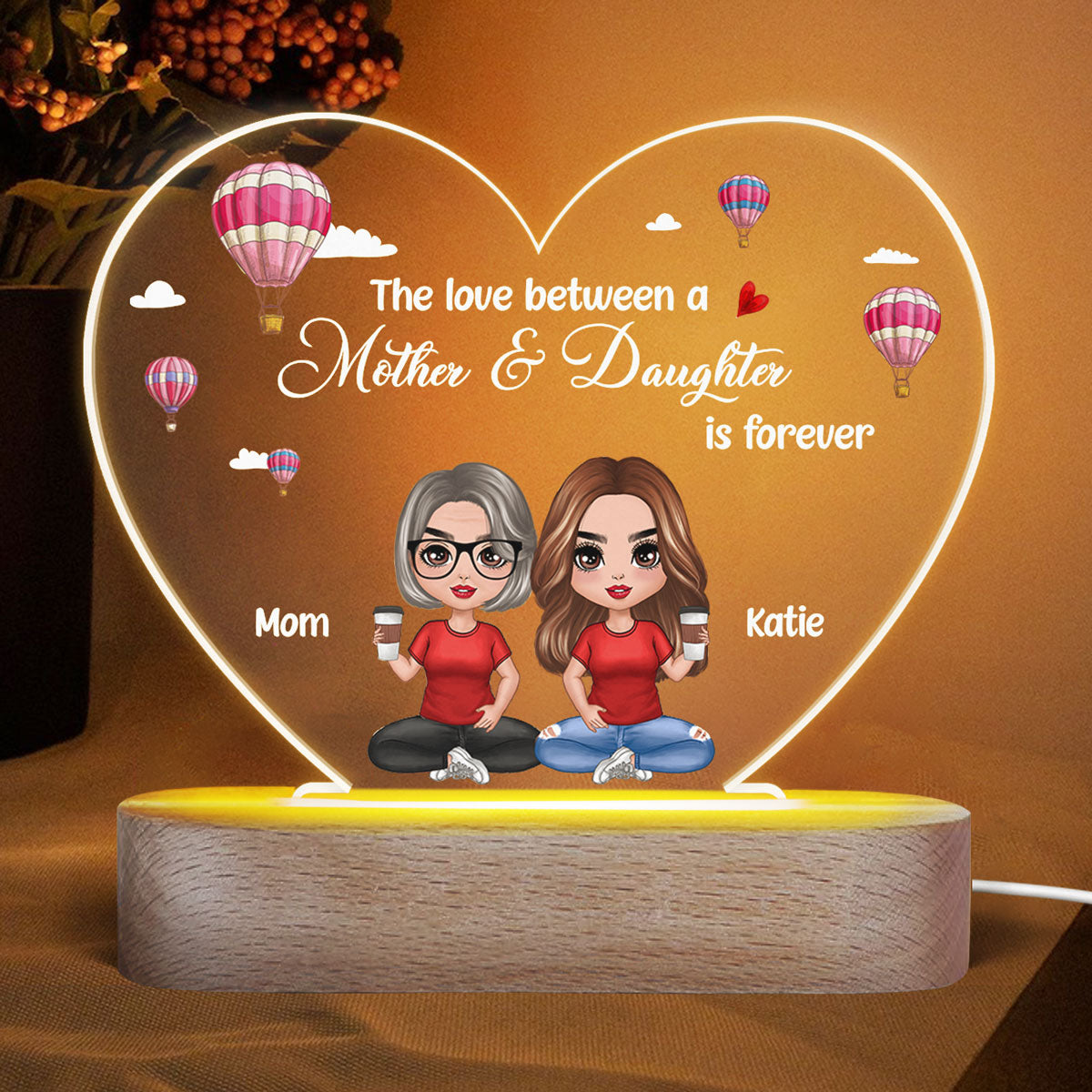 Mom Daughters Air Balloon Mother‘s Day Gift Personalized Heart Plaque LED Night Light