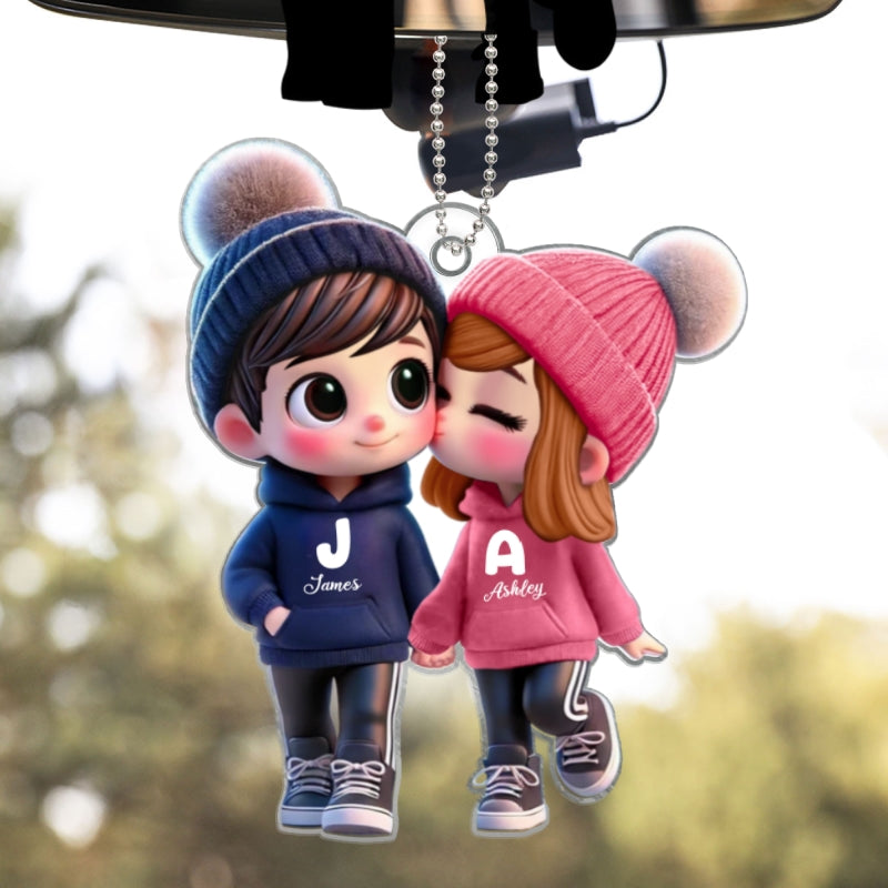 3D Effect Cute Cartoon Couple Walking Personalized Car Ornament, Gift for him, Gift for her