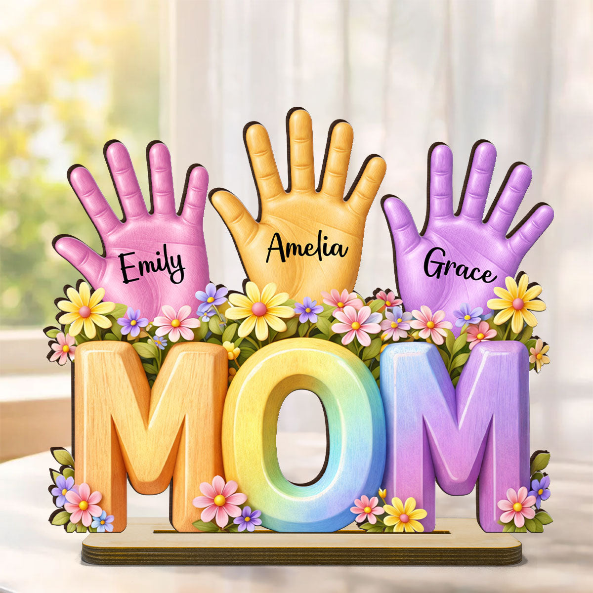 Mom And Kids Hand Print - Personalized 2-Layered Wooden Plaque - Heartfelt Mother's Day Gift for Mom, Wife