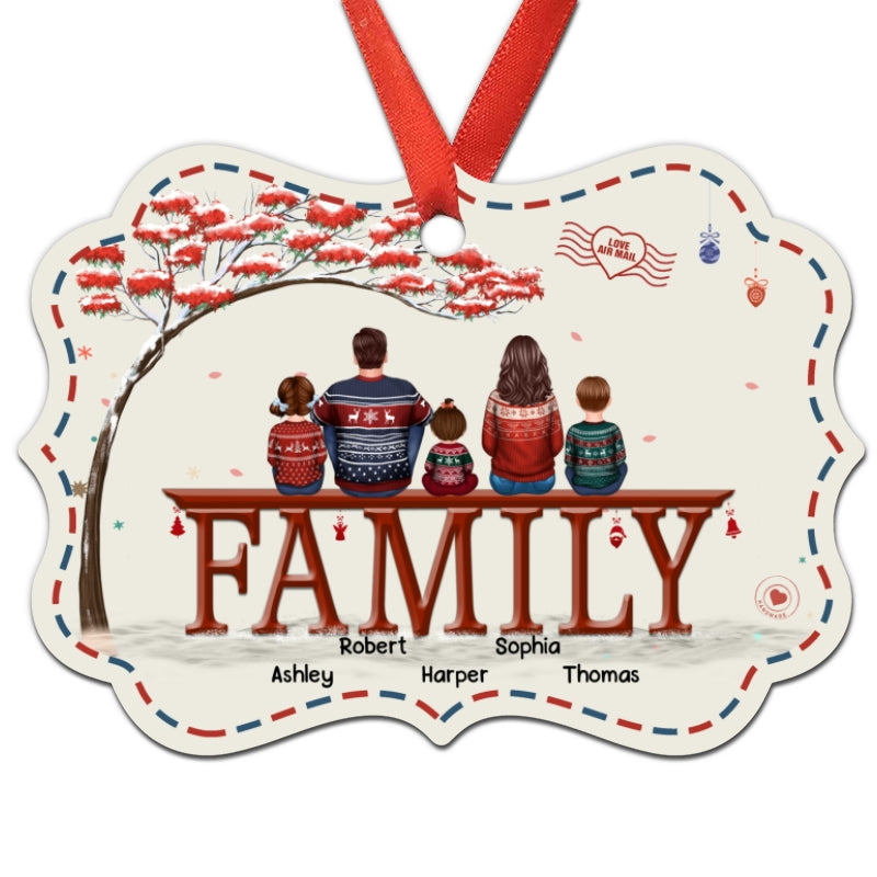 Family Dad Mom Kids Dogs Cats Under Red Tree Personalized Christmas Ornament
