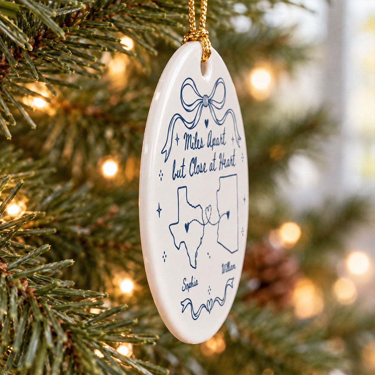 Miles Apart But Close At Heart Hand-Drawn State Map – Personalized Ceramic Ornament – Long Distance Christmas Gift For Family, Couple & Friends
