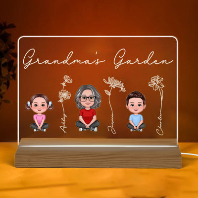 Grandma Grandkids Sitting Crossed Legs Outline Birth Month Flowers Mother‘s Day Gift Personalized Warm Acrylic Plaque LED Night Light