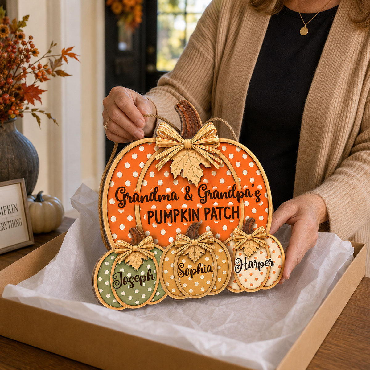 Grandma & Grandpa's Pumpkin Patch Polka Dot 2D Flat Printed - Personalized Door Hanger - Fall Season Decor For Grandparents