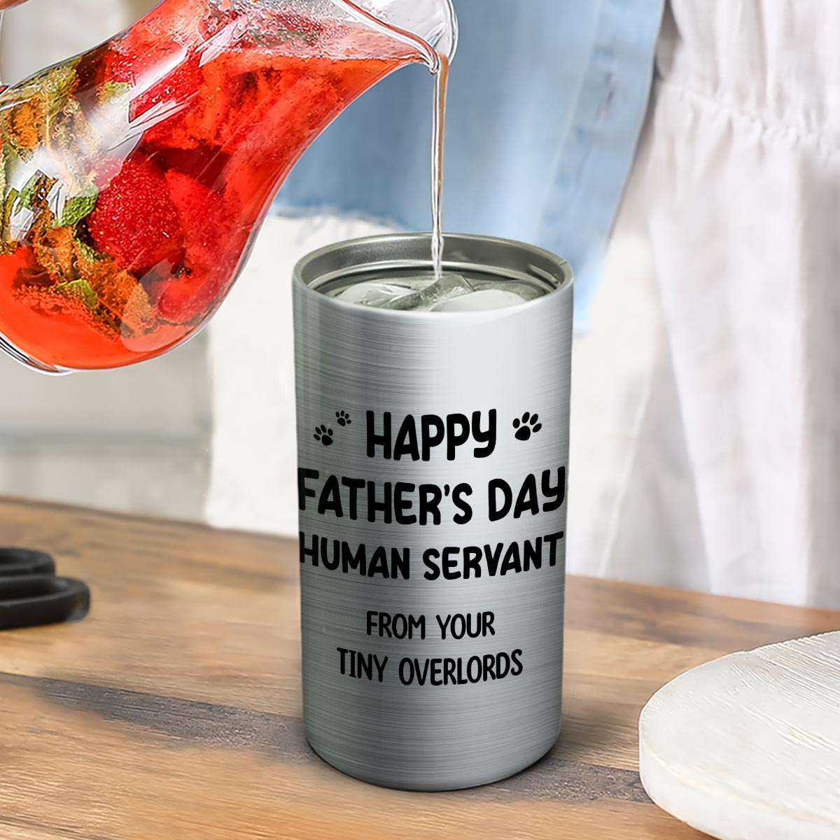 Happy Father‘s Day Human Servant Stacked Funny Cute Cat Gift For Cat Lover Personalized 4 In 1 Can Cooler