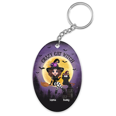 Halloween Flying Witch With Cats Personalized Acrylic Keychain