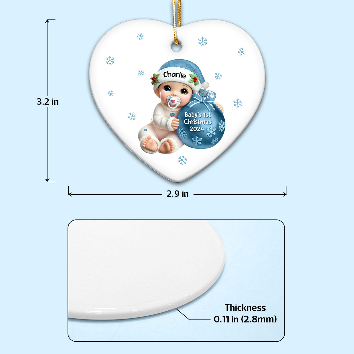 Baby Beside Christmas Bauble Baby's First Christmas Personalized Flat Heart Ceramic Ornament