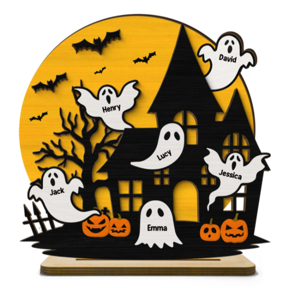 Haunted House Family Boo Personalized 2-Layer Standing Wooden Plaque, Halloween Decoration