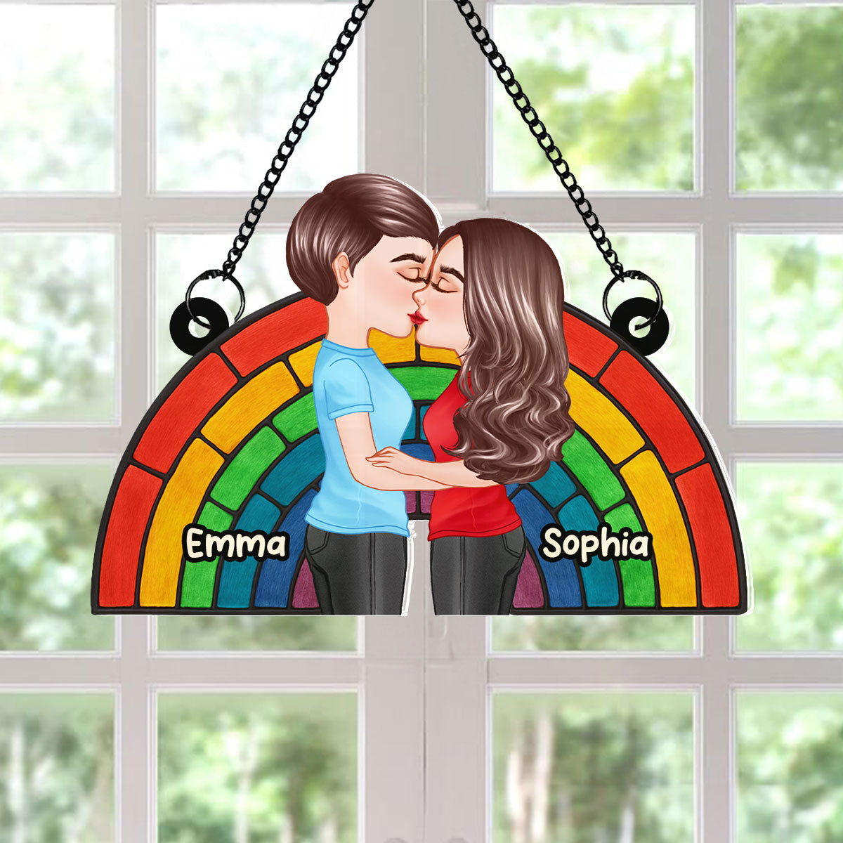 LGBT Flag Rainbow Couple Kissing Personalized Suncatcher
