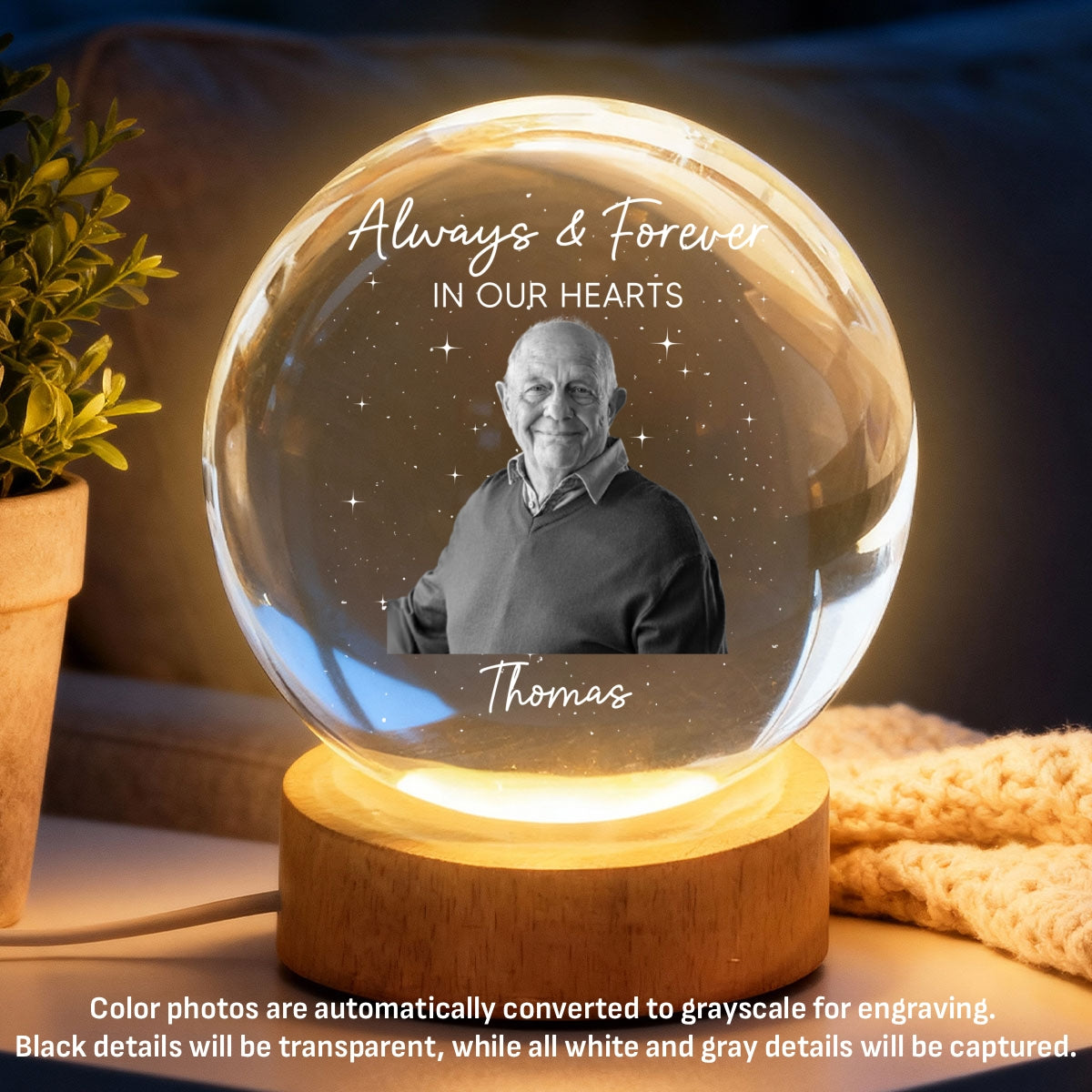 Custom Photo Engraved - Personalized Crystal Ball LED Night Light - Memorial Remembrance Keepsake