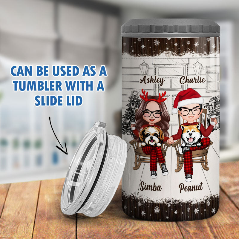 Couple And The Dogs Front Porch Christmas Gift Personalized 4 In 1 Can Cooler