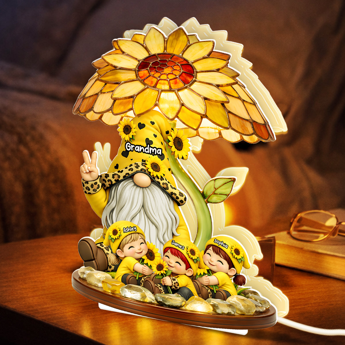 Sunflower Gnome Grandma Grandkids - Personalized Light Box - Mother's Day Gift for Grandma
