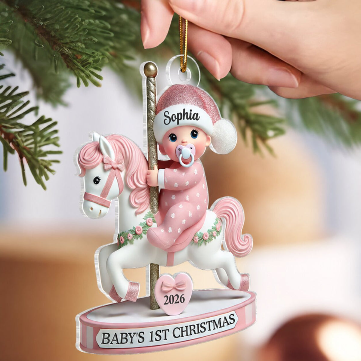 Baby On Merry-go-round Horse 1st Christmas Keepsake 3D Effect Personalized Acrylic Flat Ornament