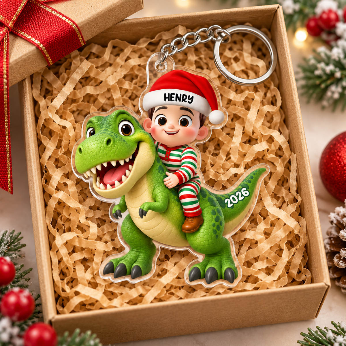 Trending Kid With Dinosaur Design For Boy Girl - Personalized Acrylic Keychain - Christmas Gift For Grandkids