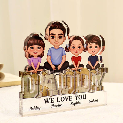 Daddy We Love You Dad & Kids Sitting On Word Personalized Acrylic Block Plaque