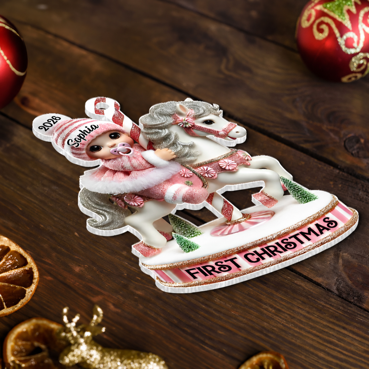 Baby's First Christmas Cute Baby On Carousel Horse Personalized Acrylic Ornament, New Parents Keepsake, Gift For Newborn