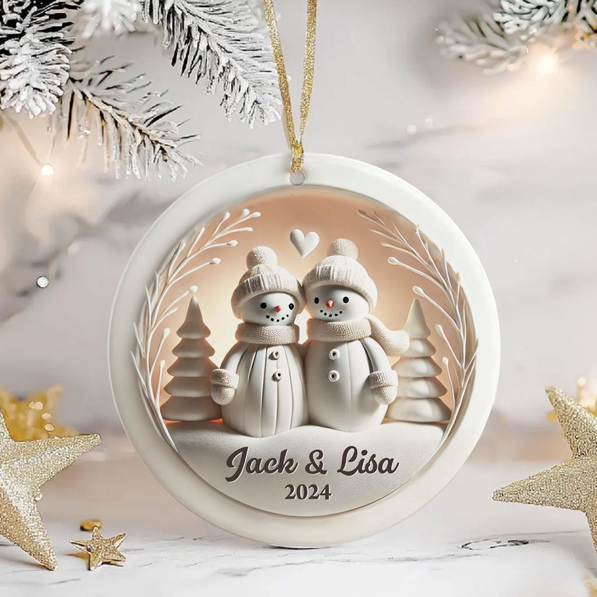 Snowman Couple White Christmas Ceramic Ornament, Personalized Couple 3D Effect Ornament, Christmas Gift For Married Engaged Couples, For Couples