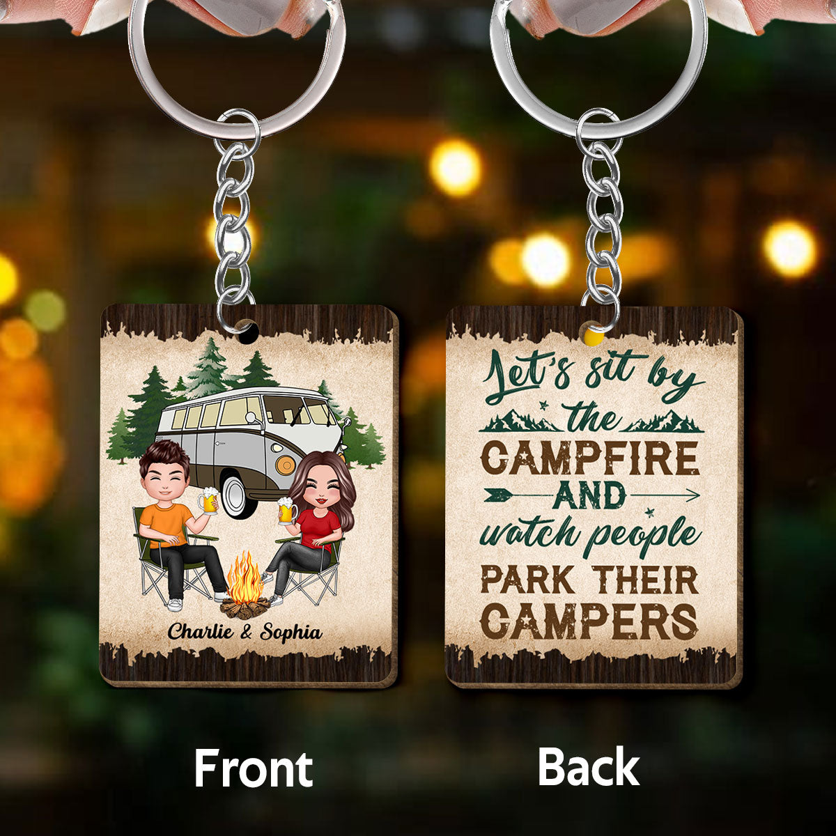 Let‘s Sit By The Campfire Camping Couple Personalized Wooden Keychain