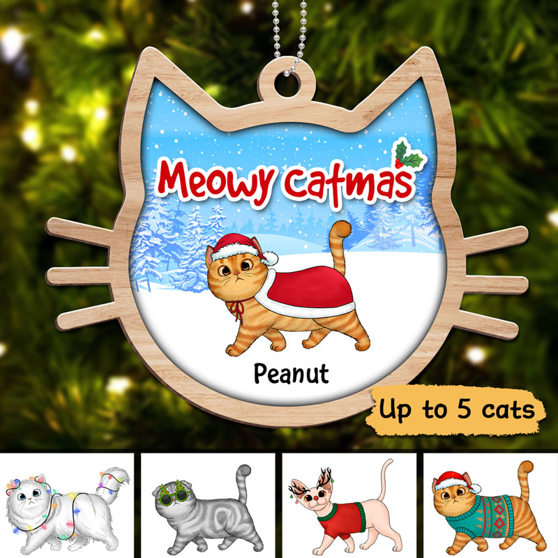 Christmas Walking Fluffy Cats In Cat Shape Personalized Wooden Ornament
